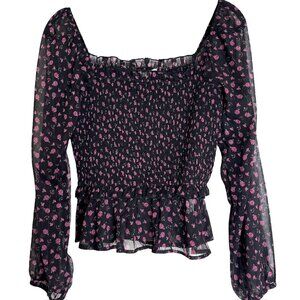 NWT Jai Ami Black/Pink Sheer Ditsy Floral Lurex Long Sleeve Smocked Blouse M